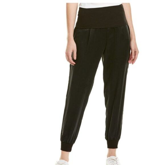 SPLENDID Silk Jogger Pant with Foldover Jersey Knit Waist Size XS Black LOUNGE - Picture 1 of 4